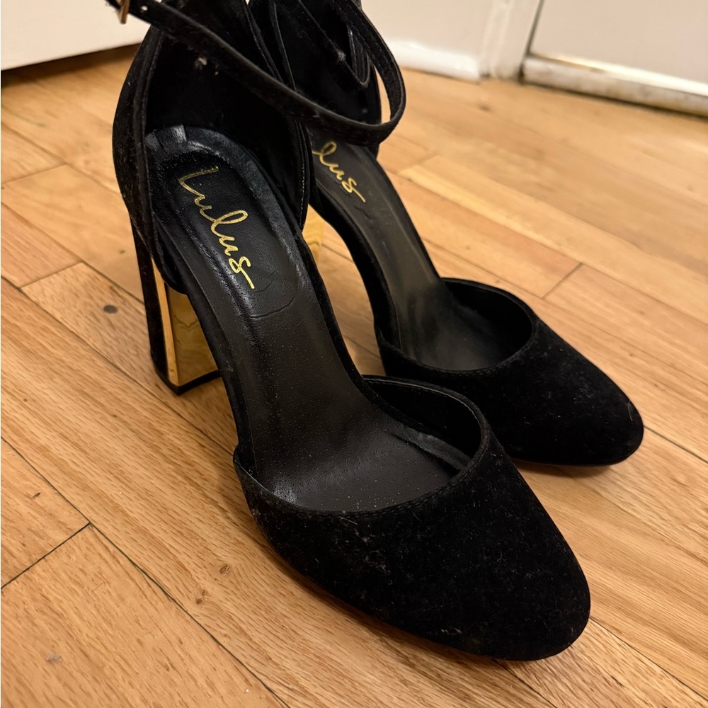 Lulu's Black Suede Ankle-Strap Block Heels with Gold Accent